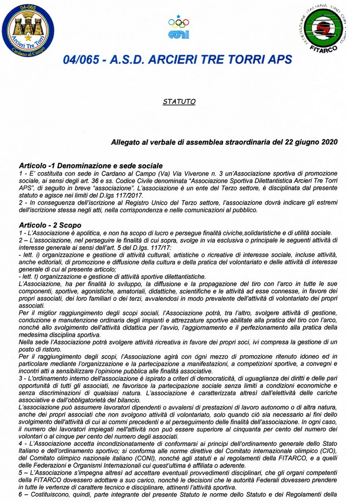 Statuto Arcieri Tre Torri